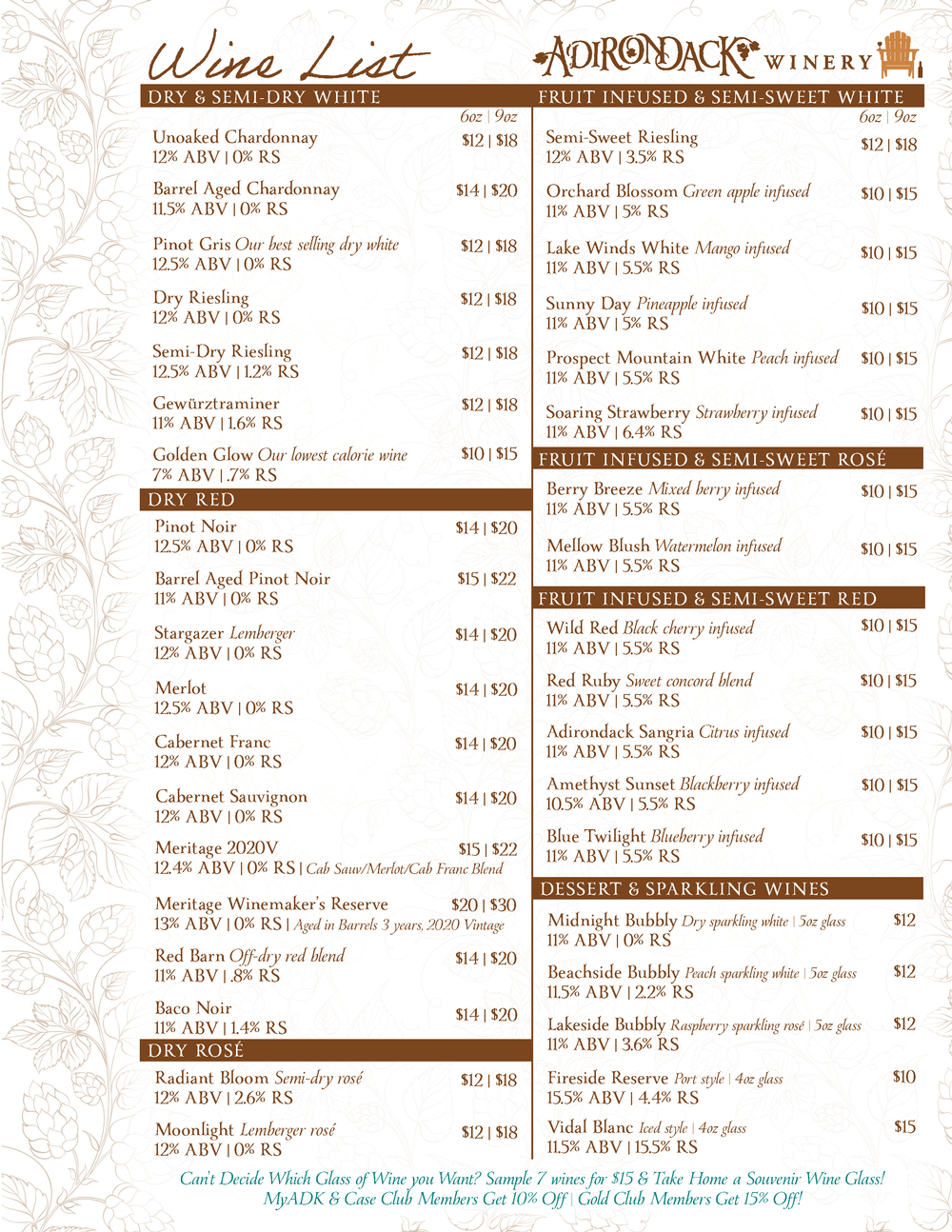 Adirondack Winery Queensbury Wine by the glass Menu