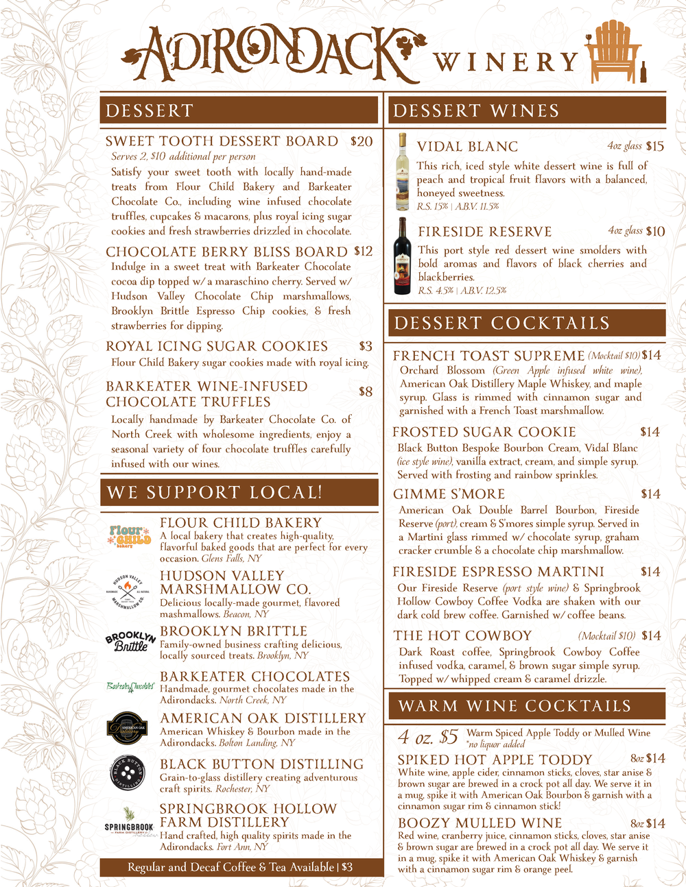 Adirondack Winery Queensbury Dessert menu